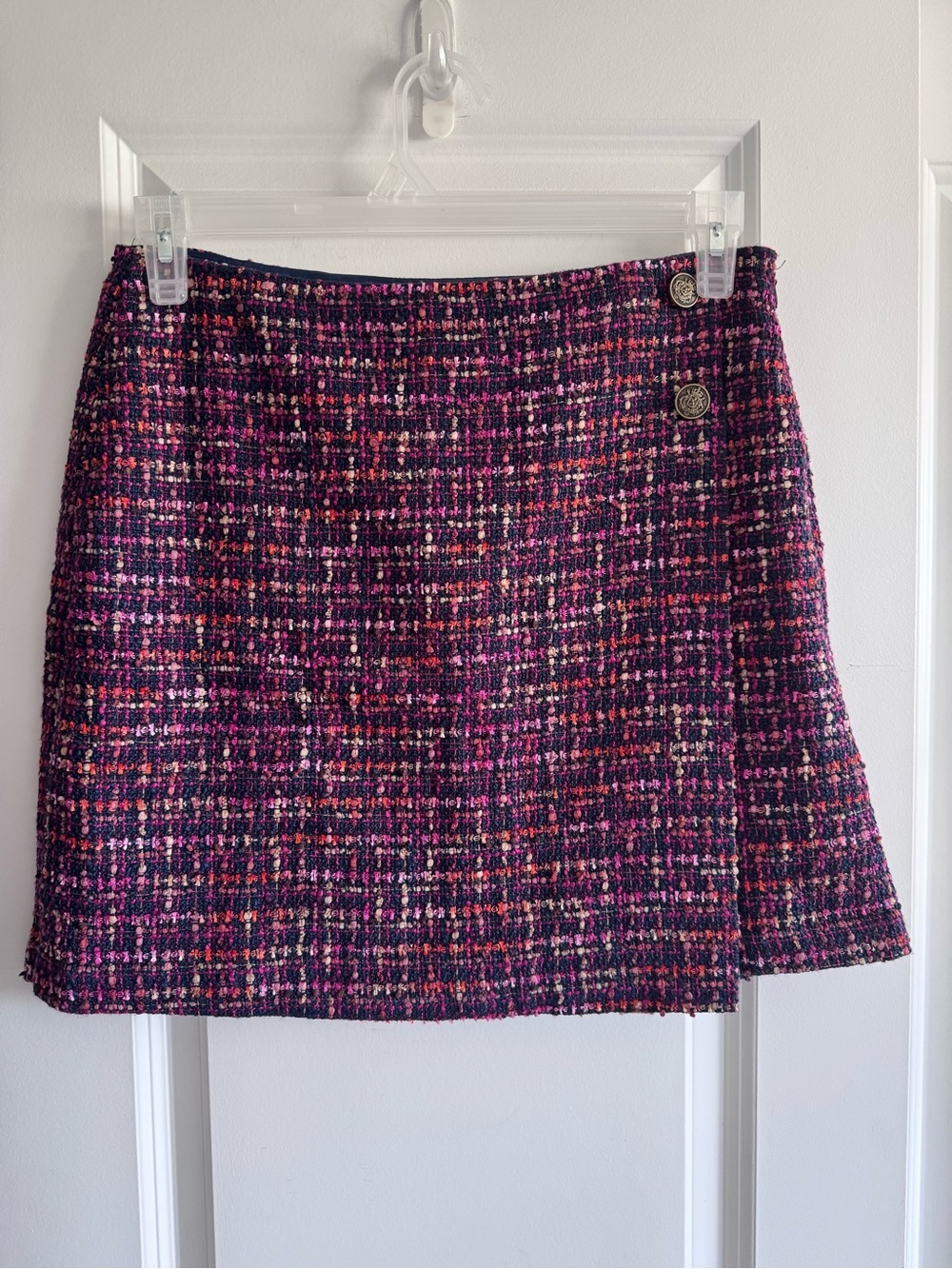 LOFT Pink and Navy Tweed Mini Skirt with Decorative Buttons